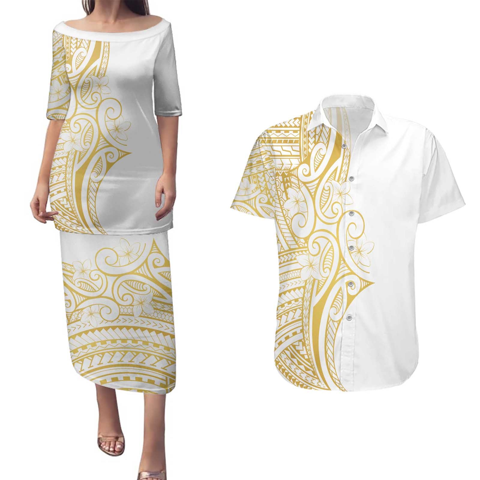 Polynesia White Sunday Couples Matching Puletasi and Hawaiian Shirt Plumeria Polynesian Tribal Gold Color - Polynesian Pride