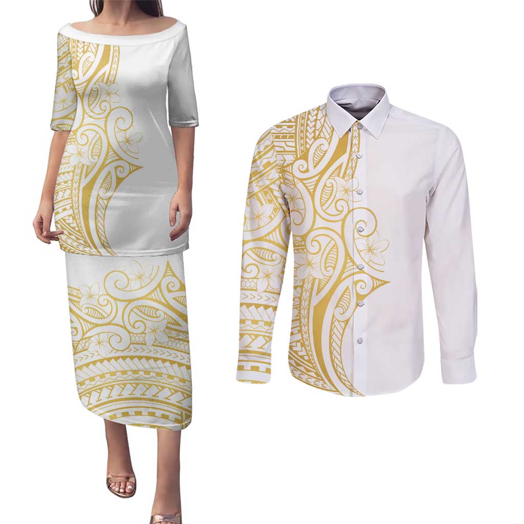 Polynesia White Sunday Couples Matching Puletasi and Long Sleeve Button Shirt Plumeria Polynesian Tribal Gold Color - Polynesian Pride