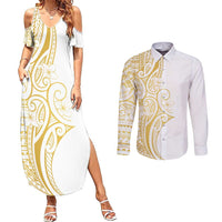Polynesia White Sunday Couples Matching Summer Maxi Dress and Long Sleeve Button Shirt Plumeria Polynesian Tribal Gold Color - Polynesian Pride