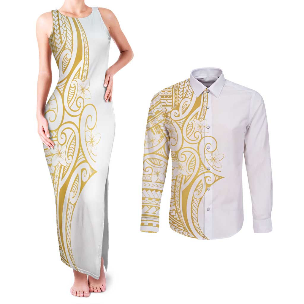 Polynesia White Sunday Couples Matching Tank Maxi Dress and Long Sleeve Button Shirt Plumeria Polynesian Tribal Gold Color - Polynesian Pride