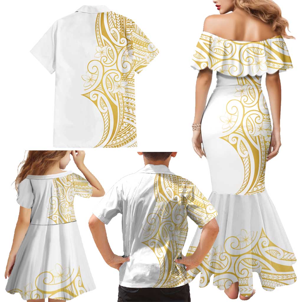 Polynesia White Sunday Family Matching Mermaid Dress and Hawaiian Shirt Plumeria Polynesian Tribal Gold Color - Polynesian Pride