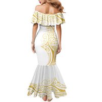 Polynesia White Sunday Family Matching Mermaid Dress and Hawaiian Shirt Plumeria Polynesian Tribal Gold Color - Polynesian Pride