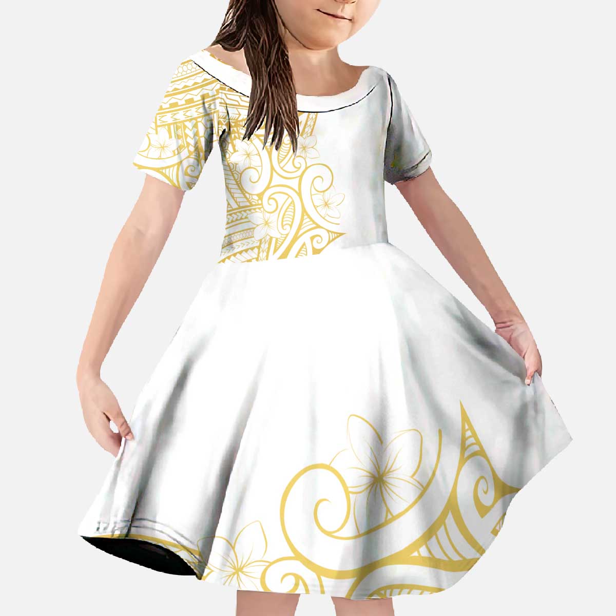 Polynesia White Sunday Family Matching Off The Shoulder Long Sleeve Dress and Hawaiian Shirt Plumeria Polynesian Tribal Gold Color - Polynesian Pride