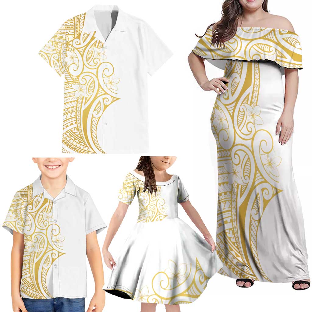 Polynesia White Sunday Family Matching Off Shoulder Maxi Dress and Hawaiian Shirt Plumeria Polynesian Tribal Gold Color - Polynesian Pride