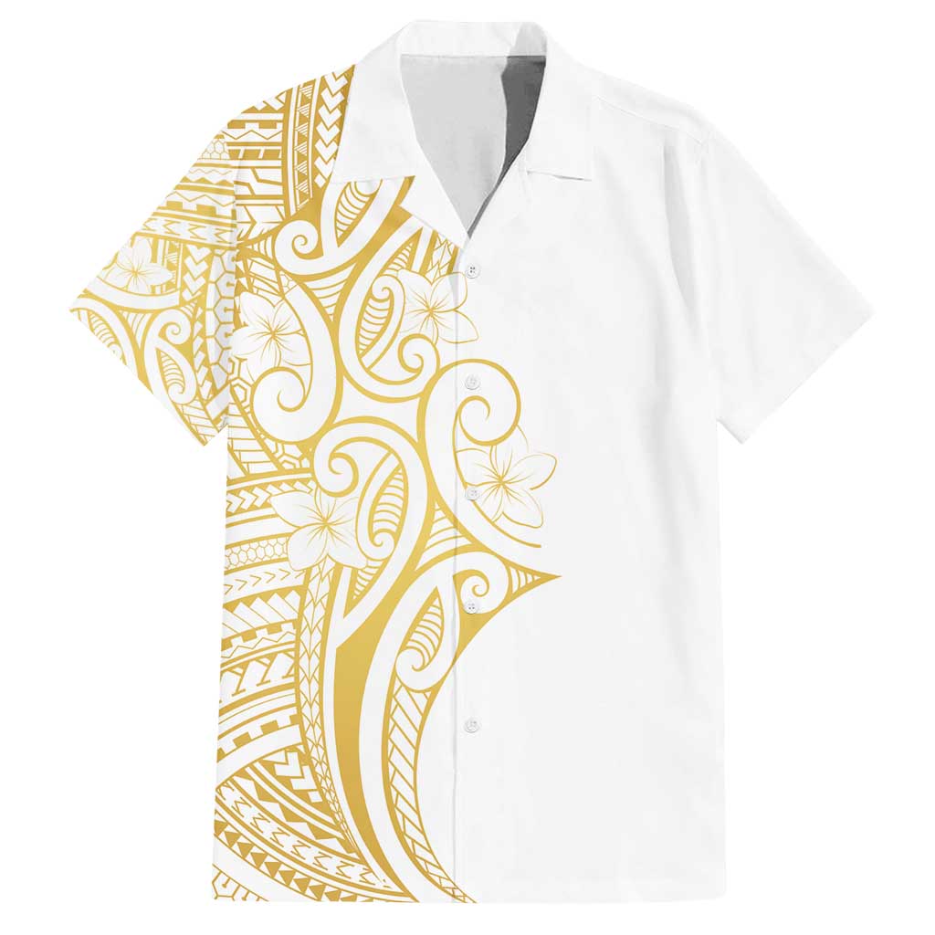 Polynesia White Sunday Family Matching Off Shoulder Maxi Dress and Hawaiian Shirt Plumeria Polynesian Tribal Gold Color - Polynesian Pride