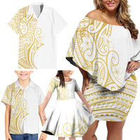 Polynesia White Sunday Family Matching Off Shoulder Short Dress and Hawaiian Shirt Plumeria Polynesian Tribal Gold Color - Polynesian Pride