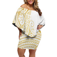 Polynesia White Sunday Family Matching Off Shoulder Short Dress and Hawaiian Shirt Plumeria Polynesian Tribal Gold Color - Polynesian Pride