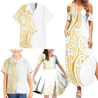 Polynesia White Sunday Family Matching Summer Maxi Dress and Hawaiian Shirt Plumeria Polynesian Tribal Gold Color - Polynesian Pride