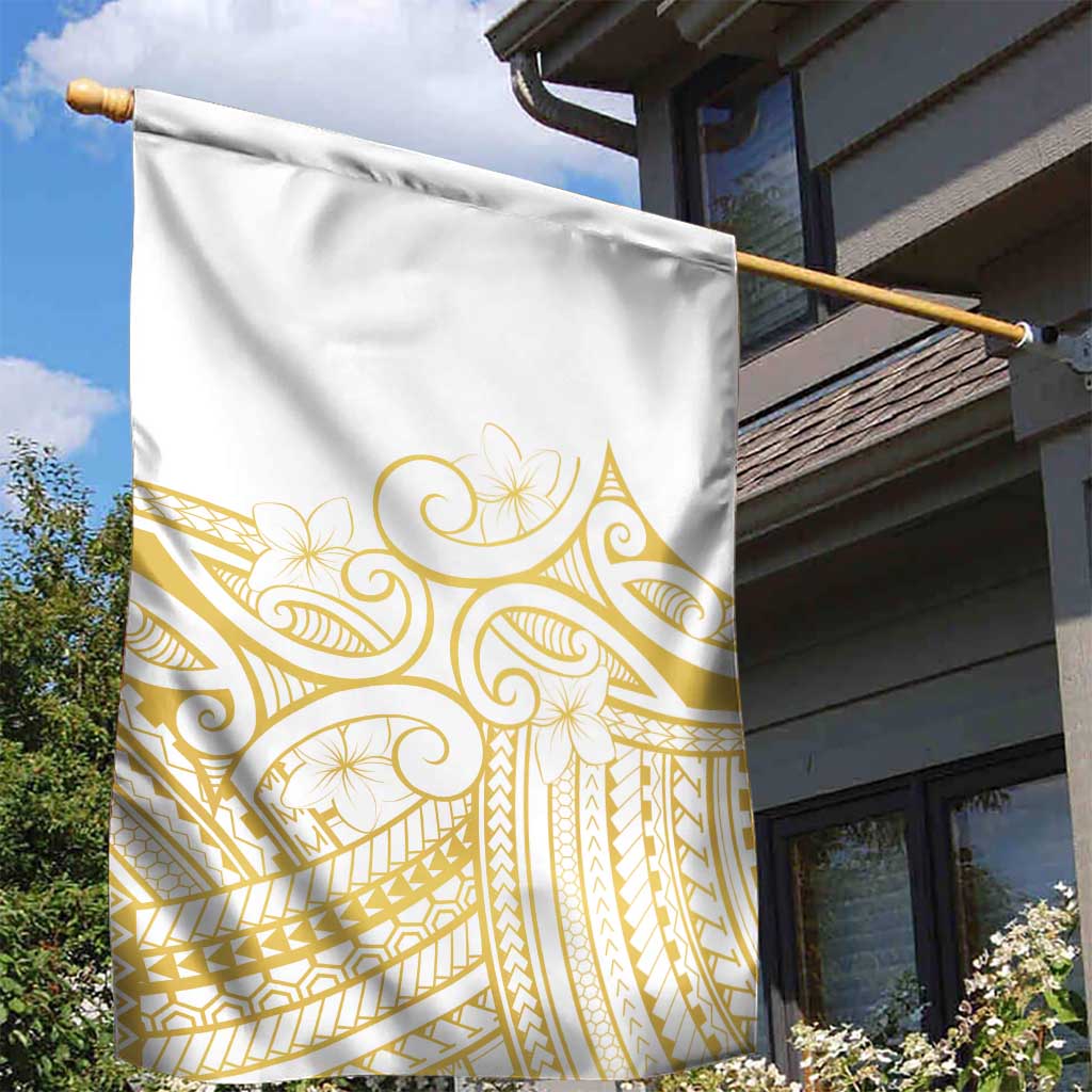 Polynesia White Sunday Garden Flag Plumeria Polynesian Tribal Gold Color - Polynesian Pride