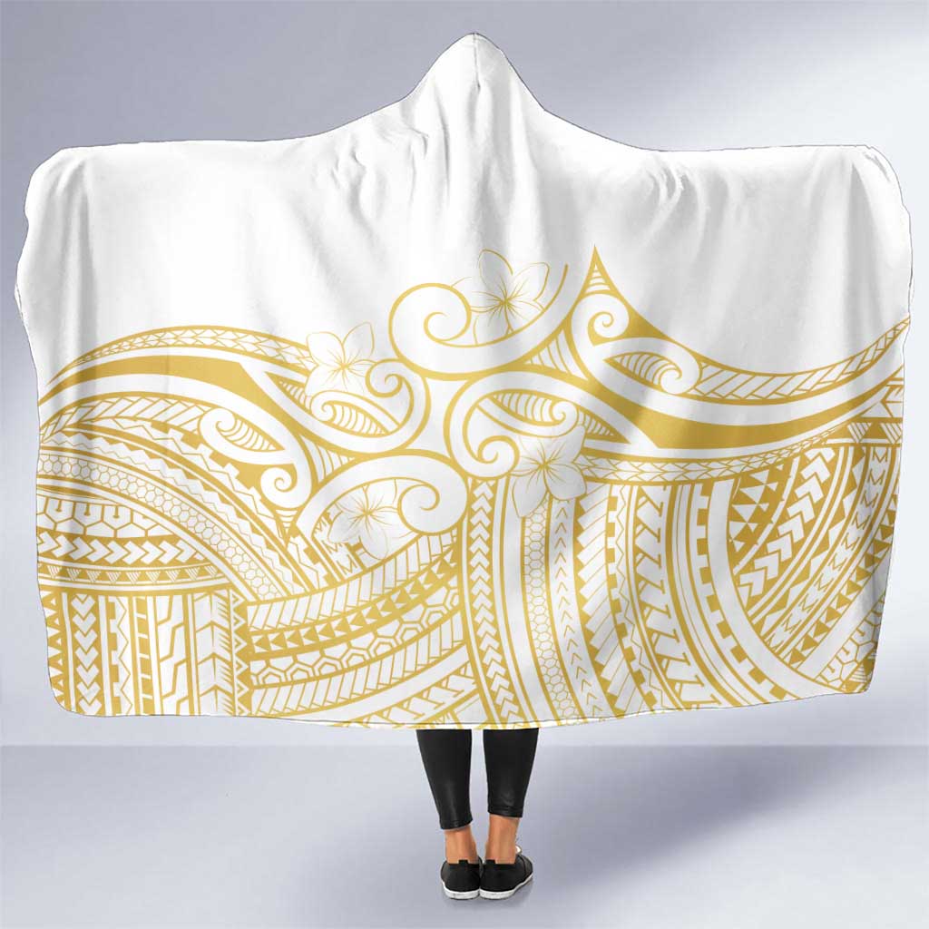 Polynesia White Sunday Hooded Blanket Plumeria Polynesian Tribal Gold Color LT14 One Size White - Polynesian Pride