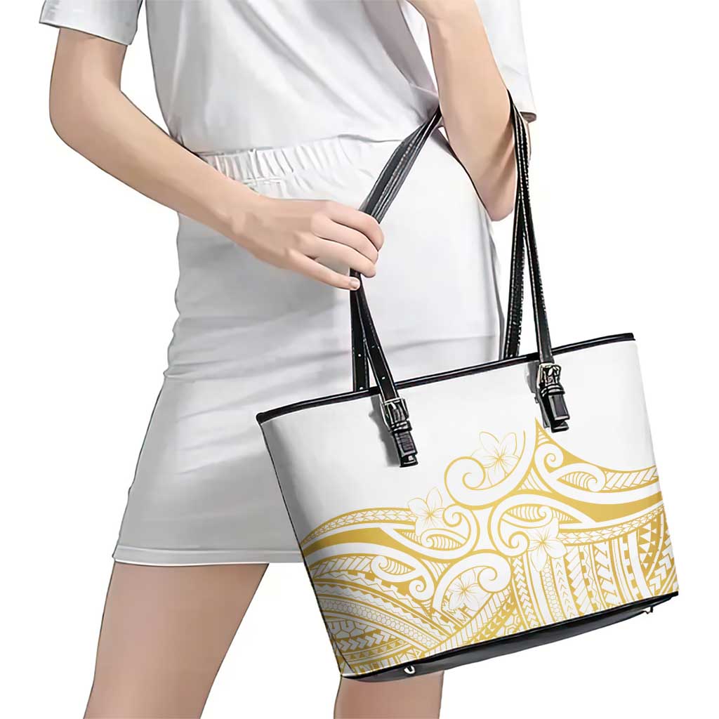 Polynesia White Sunday Leather Tote Bag Plumeria Polynesian Tribal Gold Color - Polynesian Pride