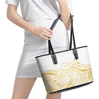 Polynesia White Sunday Leather Tote Bag Plumeria Polynesian Tribal Gold Color - Polynesian Pride