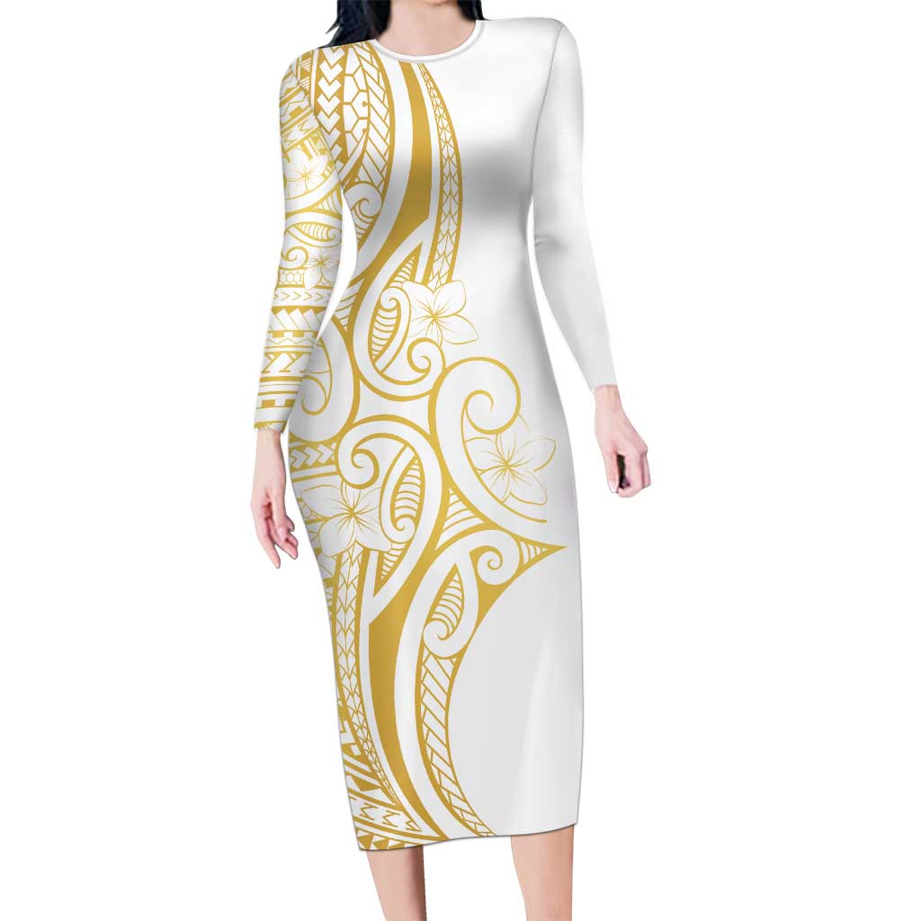 Polynesia White Sunday Long Sleeve Bodycon Dress Plumeria Polynesian Tribal  Gold Color