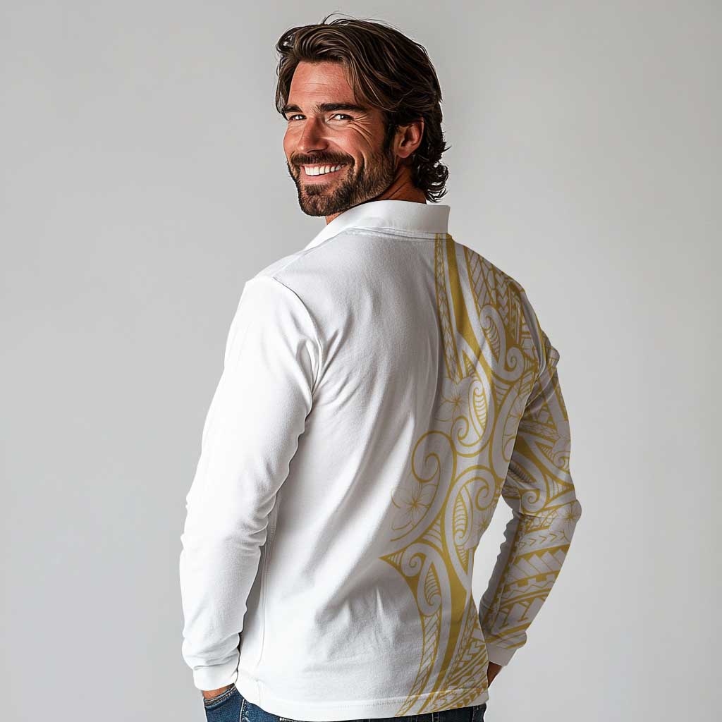 Polynesia White Sunday Long Sleeve Polo Shirt Plumeria Polynesian Tribal Gold Color - Polynesian Pride