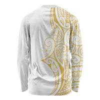 Polynesia White Sunday Long Sleeve Shirt Plumeria Polynesian Tribal Gold Color - Polynesian Pride
