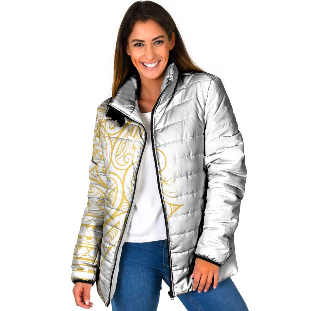 Polynesia White Sunday Padded Jacket Plumeria Polynesian Tribal Gold Color - Polynesian Pride
