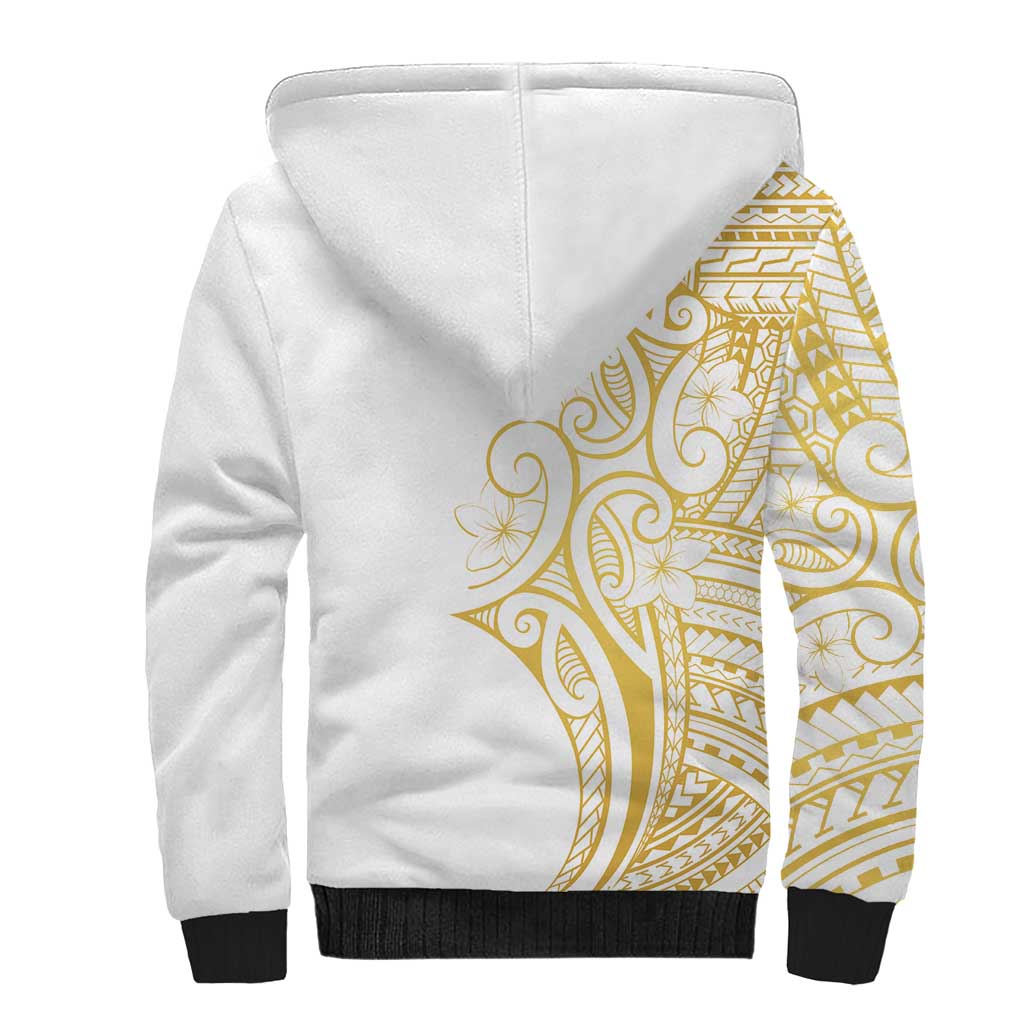 Polynesia White Sunday Sherpa Hoodie Plumeria Polynesian Tribal Gold Color - Polynesian Pride