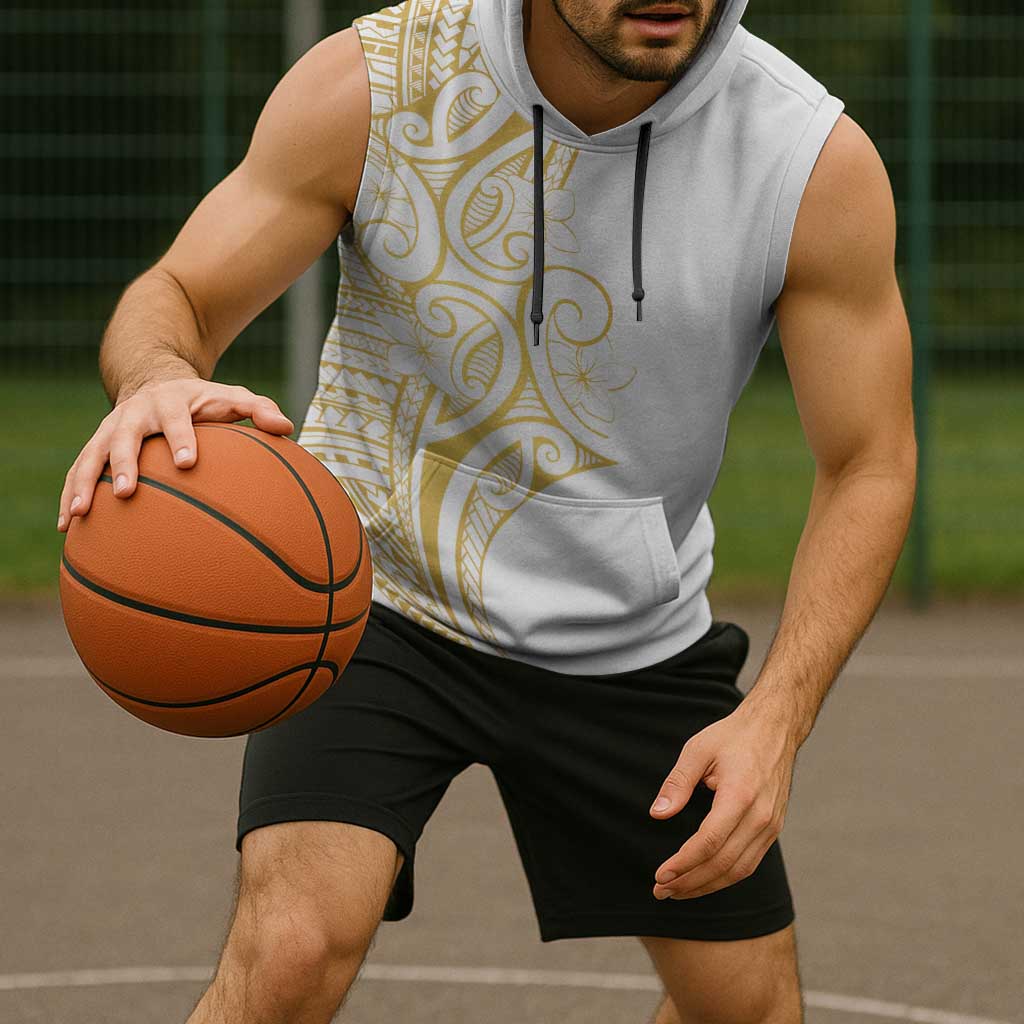 Polynesia White Sunday Sleeveless Hoodie Plumeria Polynesian Tribal Gold Color - Polynesian Pride