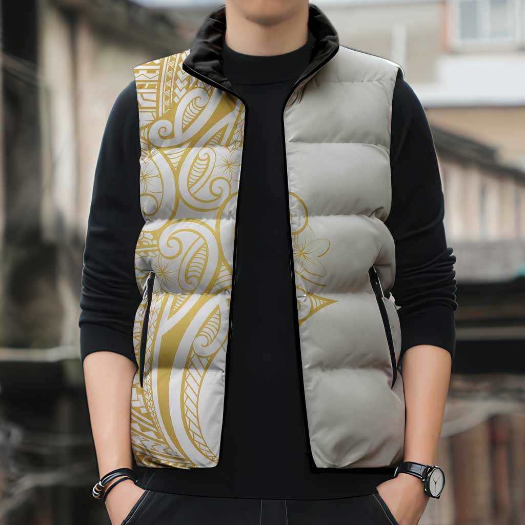Polynesia White Sunday Sleeveless Puffer Jacket Plumeria Polynesian Tribal Gold Color - Polynesian Pride