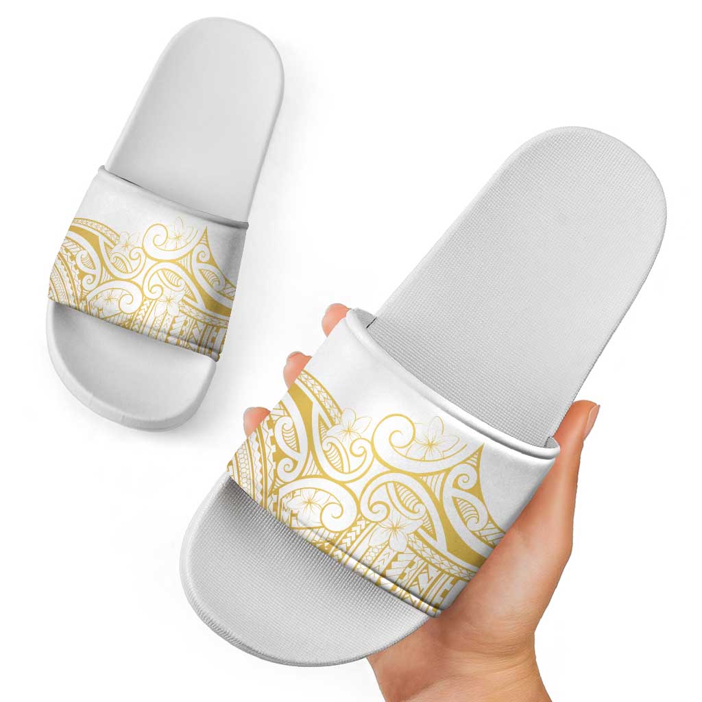 Polynesia White Sunday Slide Sandals Plumeria Polynesian Tribal Gold Color - Polynesian Pride