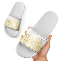 Polynesia White Sunday Slide Sandals Plumeria Polynesian Tribal Gold Color - Polynesian Pride