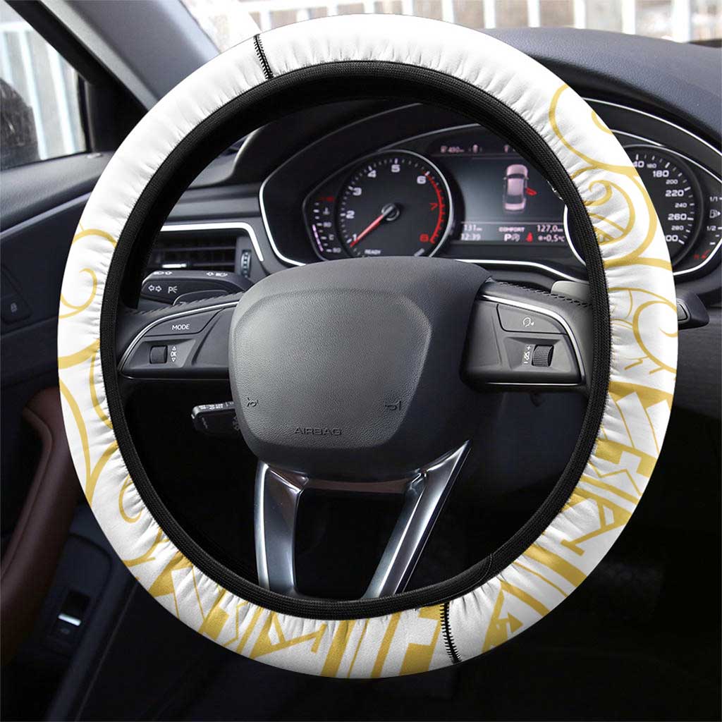 Polynesia White Sunday Steering Wheel Cover Plumeria Polynesian Tribal Gold Color - Polynesian Pride