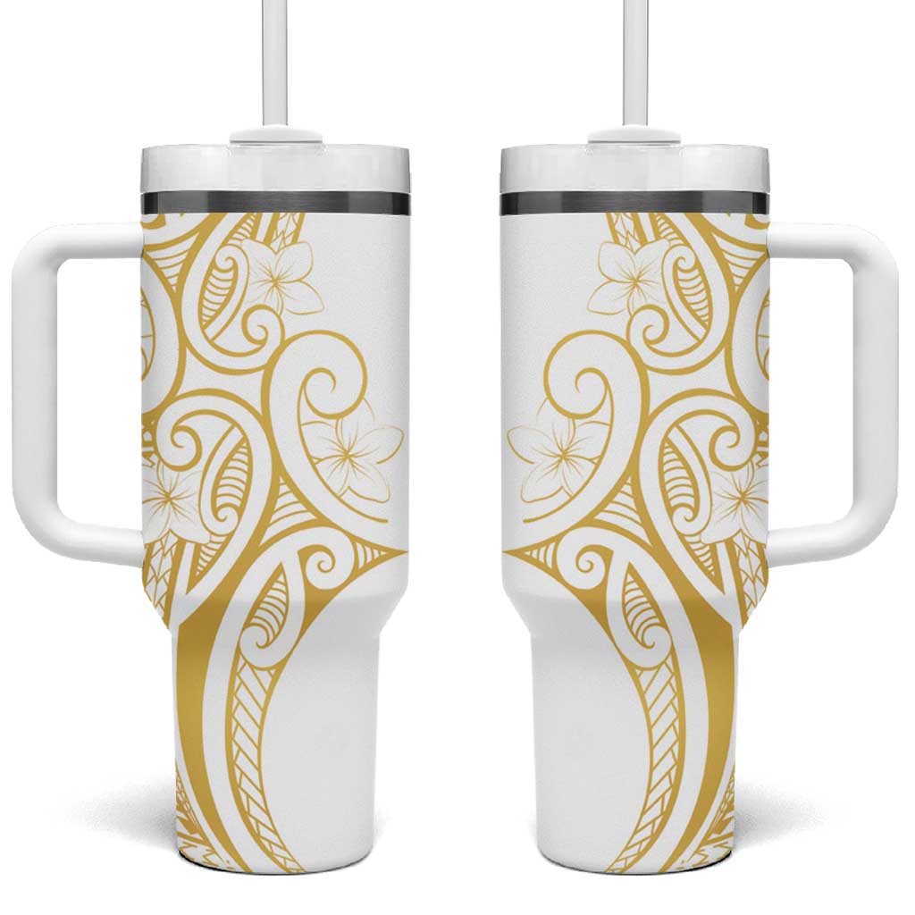Polynesia White Sunday Tumbler With Handle Plumeria Polynesian Tribal Gold Color - Polynesian Pride