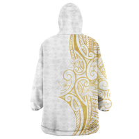 Polynesia White Sunday Wearable Blanket Hoodie Plumeria Polynesian Tribal Gold Color - Polynesian Pride