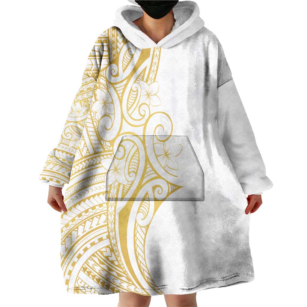 Polynesia White Sunday Wearable Blanket Hoodie Plumeria Polynesian Tribal Gold Color - Polynesian Pride
