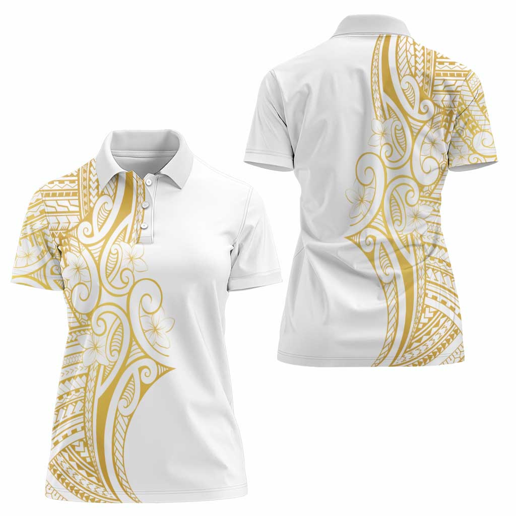 Polynesia White Sunday Women Polo Shirt Plumeria Polynesian Tribal Gold Color - Polynesian Pride