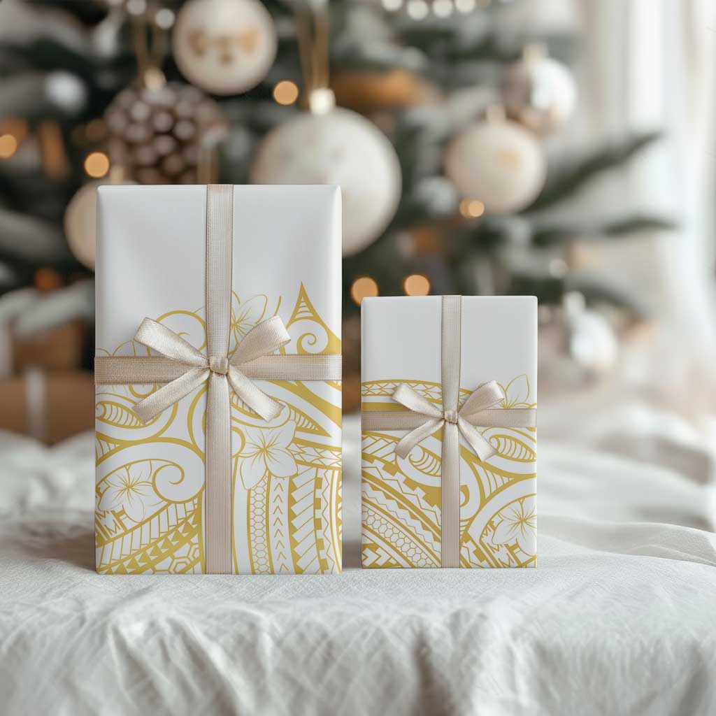 Polynesia White Sunday Wrapping Paper Plumeria Polynesian Tribal Gold Color - Polynesian Pride