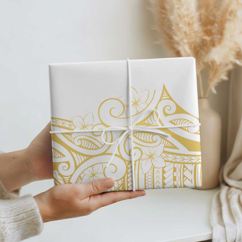 Polynesia White Sunday Wrapping Paper Plumeria Polynesian Tribal Gold Color - Polynesian Pride