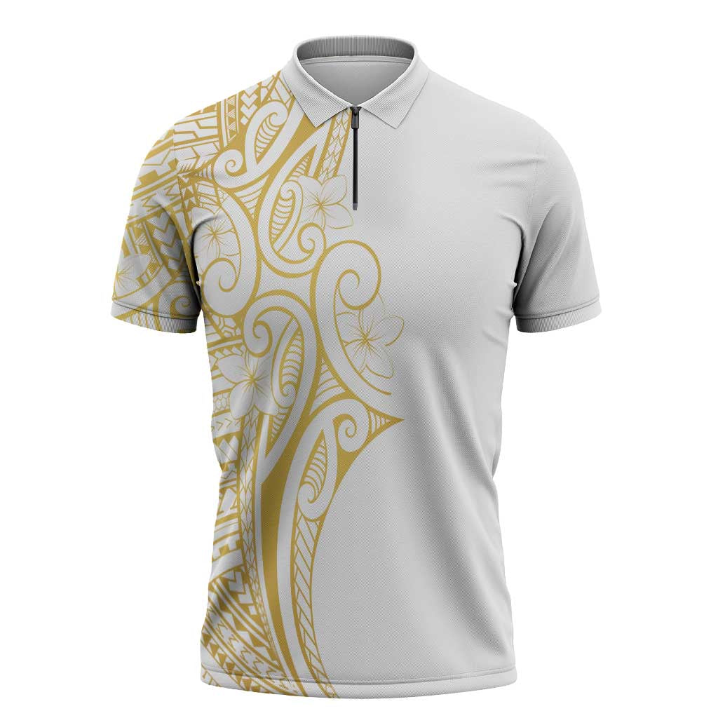 Polynesia White Sunday Zipper Polo Shirt Plumeria Polynesian Tribal Gold Color - Polynesian Pride