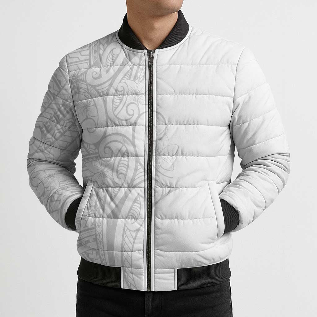 Polynesia White Sunday Bomber Puffer Jacket Plumeria Polynesian Tribal Grey Color - Polynesian Pride