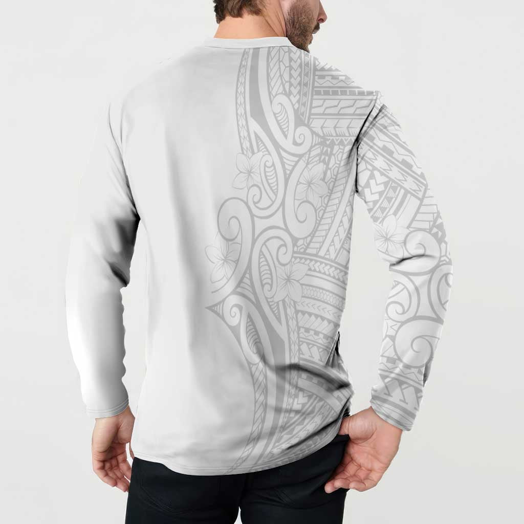 Polynesia White Sunday Button Sweatshirt Plumeria Polynesian Tribal Grey Color - Polynesian Pride