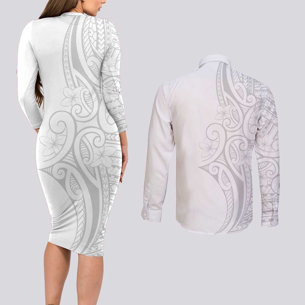 Polynesia White Sunday Couples Matching Long Sleeve Bodycon Dress and Long Sleeve Button Shirt Plumeria Polynesian Tribal Grey Color - Polynesian Pride