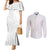 Polynesia White Sunday Couples Matching Mermaid Dress and Long Sleeve Button Shirt Plumeria Polynesian Tribal Grey Color - Polynesian Pride