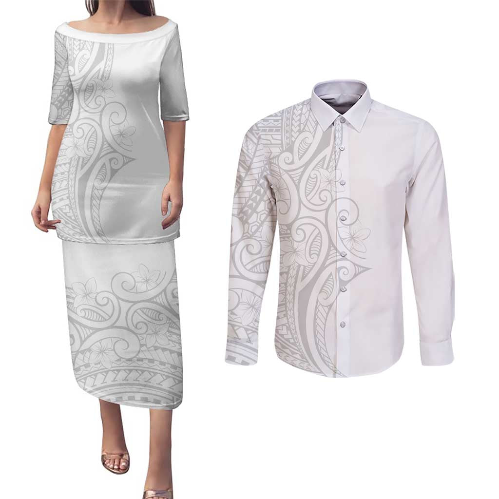Polynesia White Sunday Couples Matching Puletasi and Long Sleeve Button Shirt Plumeria Polynesian Tribal Grey Color - Polynesian Pride