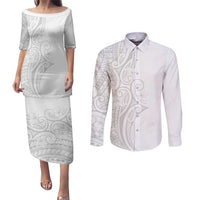 Polynesia White Sunday Couples Matching Puletasi and Long Sleeve Button Shirt Plumeria Polynesian Tribal Grey Color - Polynesian Pride