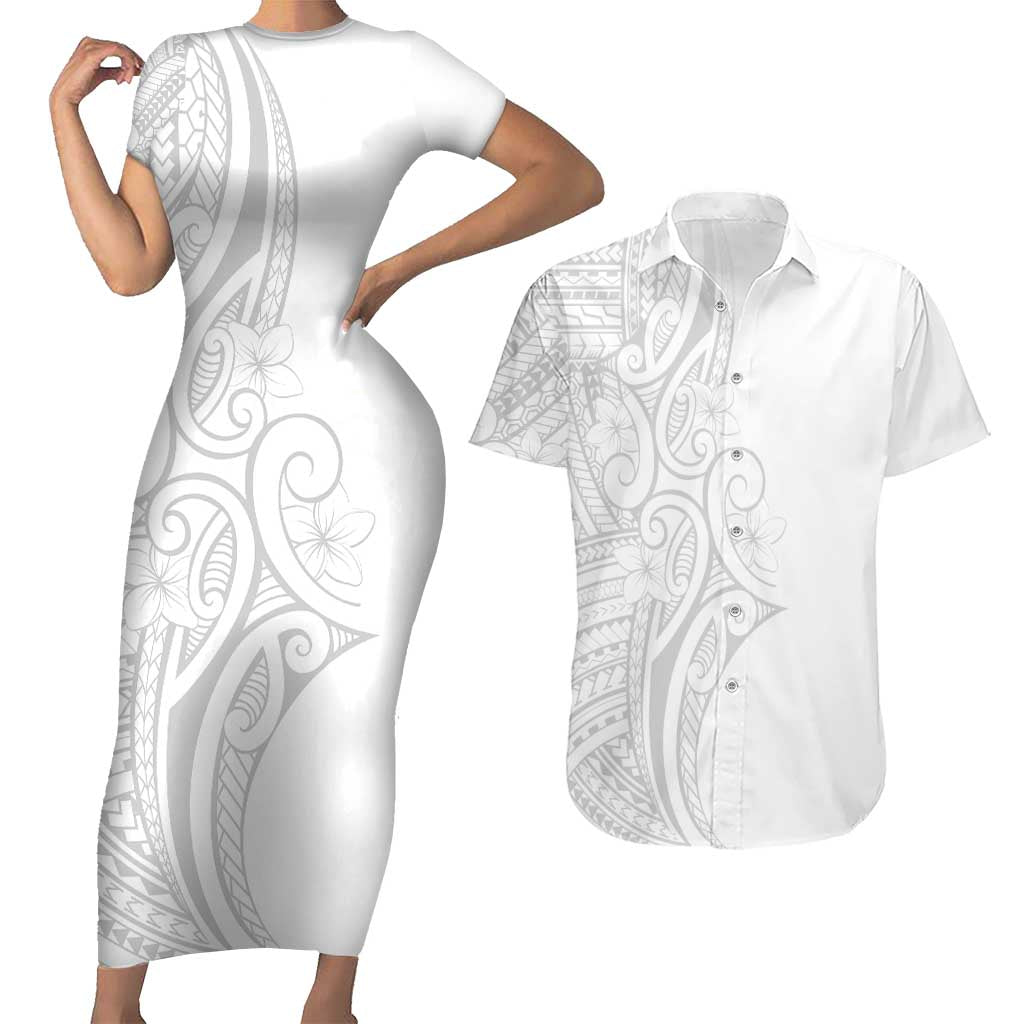 Polynesia White Sunday Couples Matching Short Sleeve Bodycon Dress and Hawaiian Shirt Plumeria Polynesian Tribal Grey Color - Polynesian Pride