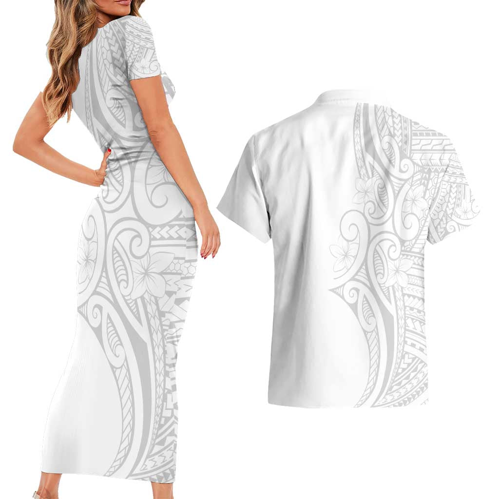 Polynesia White Sunday Couples Matching Short Sleeve Bodycon Dress and Hawaiian Shirt Plumeria Polynesian Tribal Grey Color - Polynesian Pride
