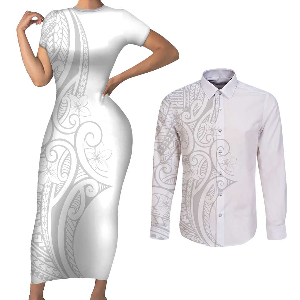 Polynesia White Sunday Couples Matching Short Sleeve Bodycon Dress and Long Sleeve Button Shirt Plumeria Polynesian Tribal Grey Color - Polynesian Pride