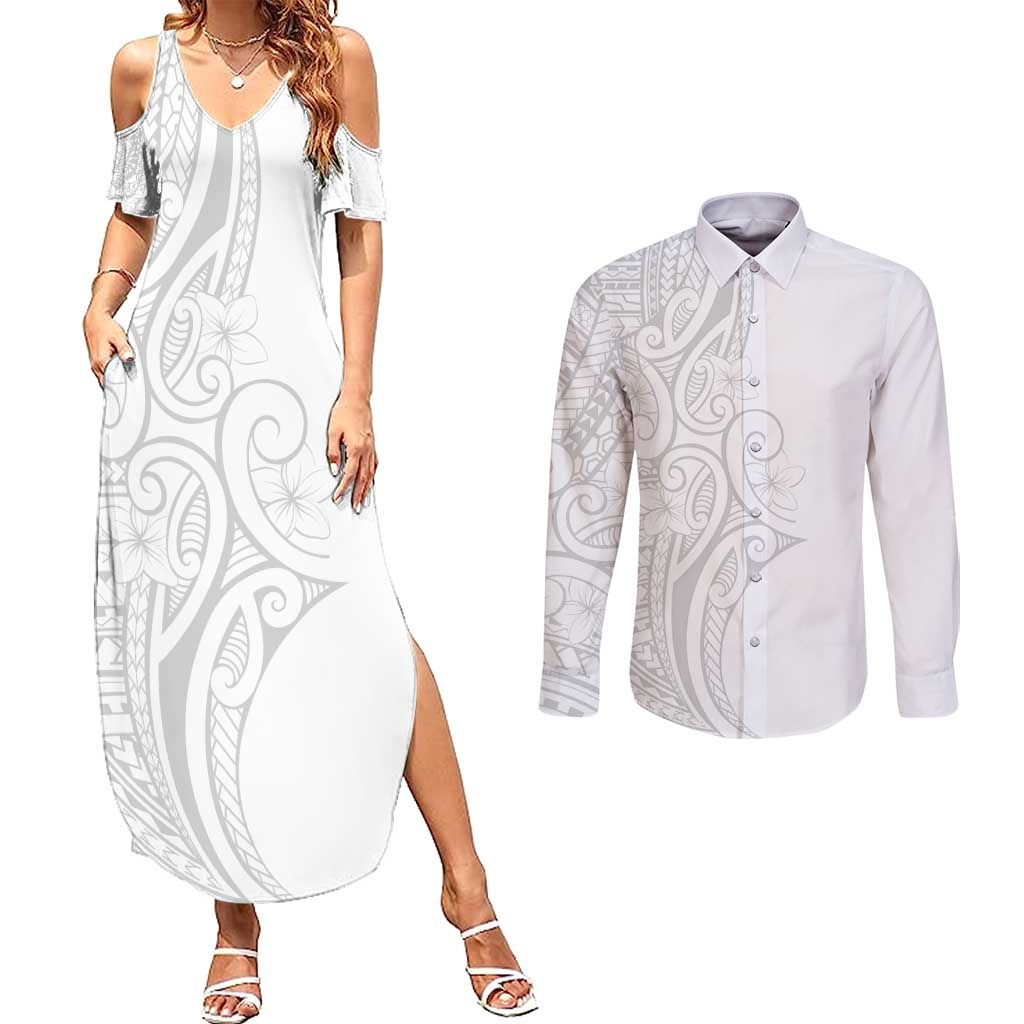 Polynesia White Sunday Couples Matching Summer Maxi Dress and Long Sleeve Button Shirt Plumeria Polynesian Tribal Grey Color - Polynesian Pride