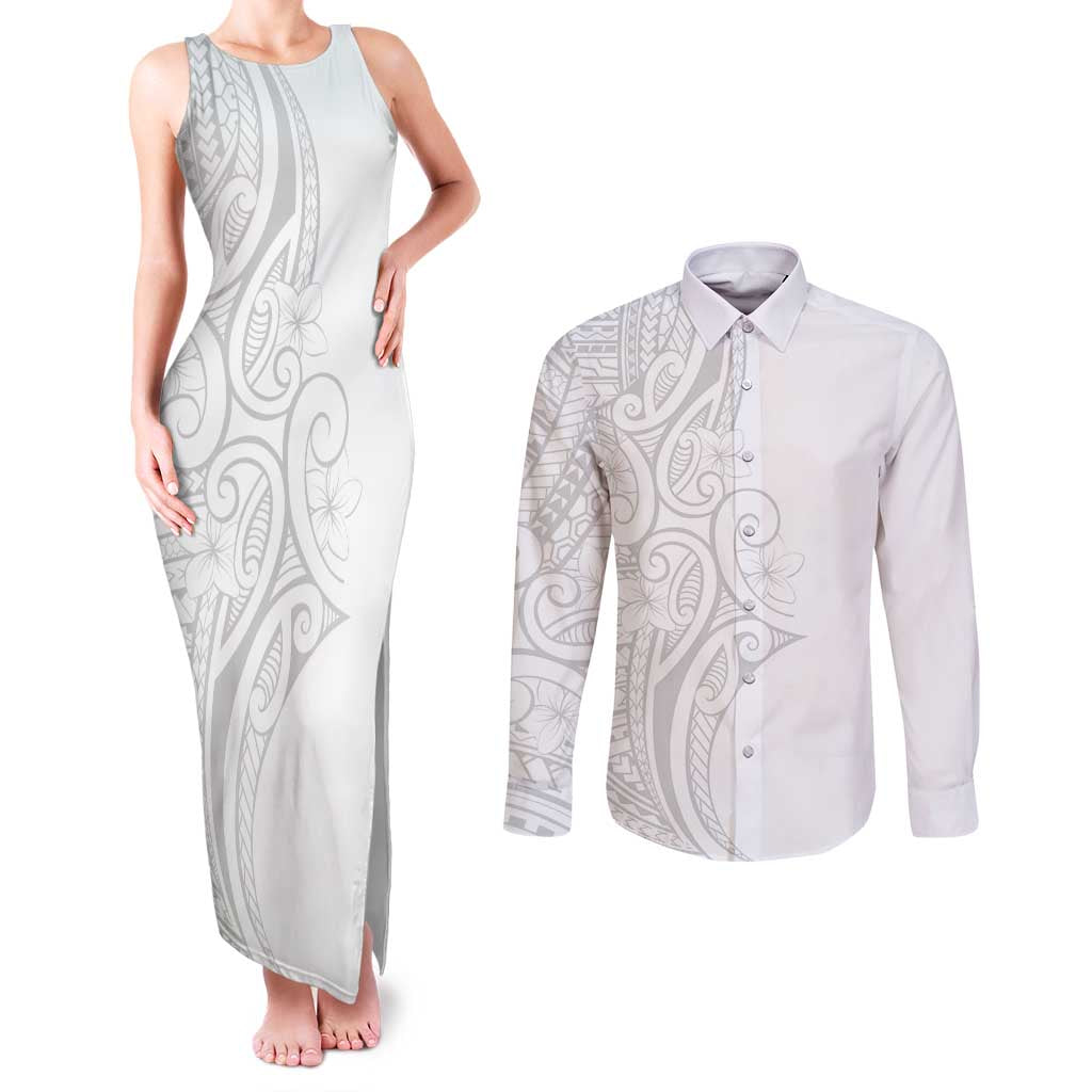 Polynesia White Sunday Couples Matching Tank Maxi Dress and Long Sleeve Button Shirt Plumeria Polynesian Tribal Grey Color - Polynesian Pride
