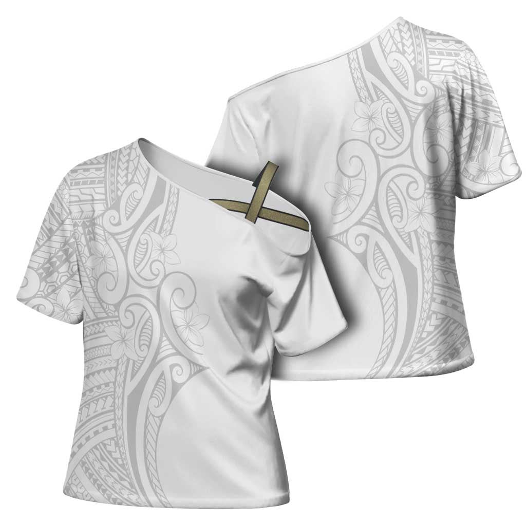 Polynesia White Sunday Cross Shoulder Shirt Plumeria Polynesian Tribal Grey Color - Polynesian Pride