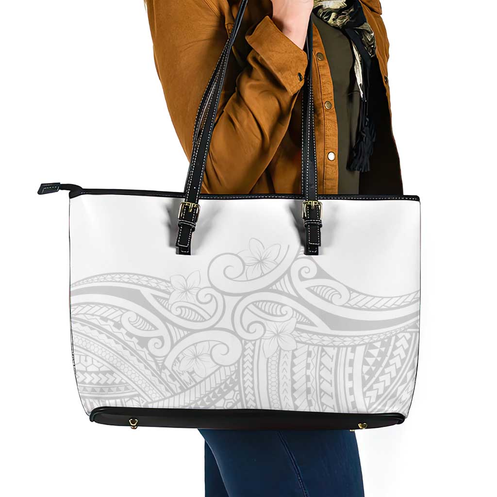 Polynesia White Sunday Leather Tote Bag Plumeria Polynesian Tribal Grey Color - Polynesian Pride