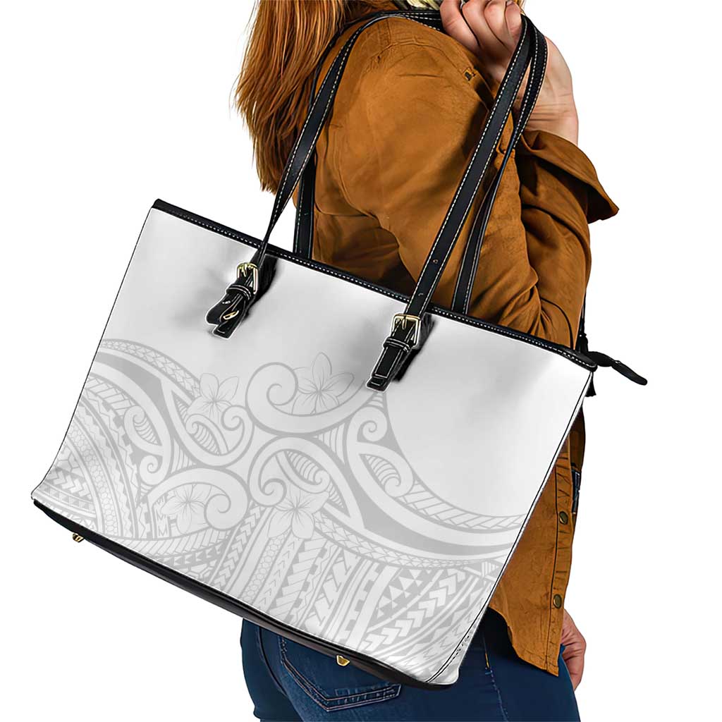 Polynesia White Sunday Leather Tote Bag Plumeria Polynesian Tribal Grey Color - Polynesian Pride