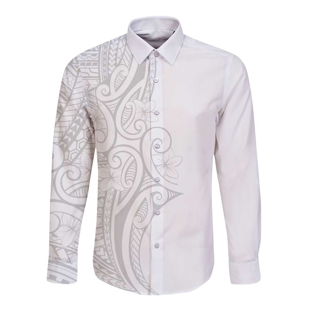Polynesia White Sunday Long Sleeve Button Shirt Plumeria Polynesian Tribal Grey Color - Polynesian Pride
