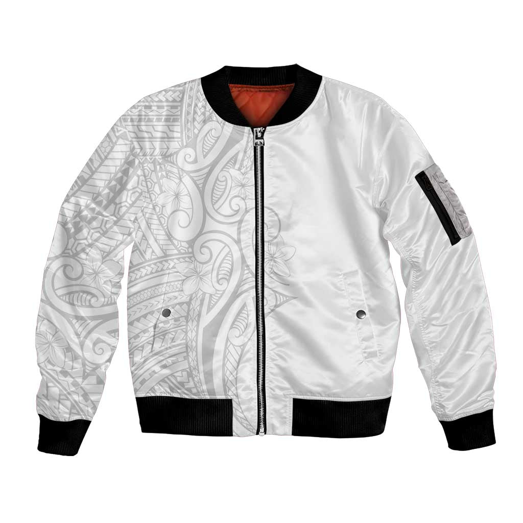 Polynesia White Sunday Sleeve Zip Bomber Jacket Plumeria Polynesian Tribal Grey Color LT14 Unisex White - Polynesian Pride