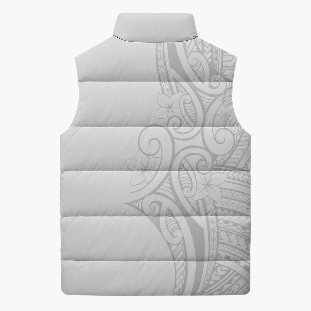 Polynesia White Sunday Sleeveless Puffer Jacket Plumeria Polynesian Tribal Grey Color - Polynesian Pride